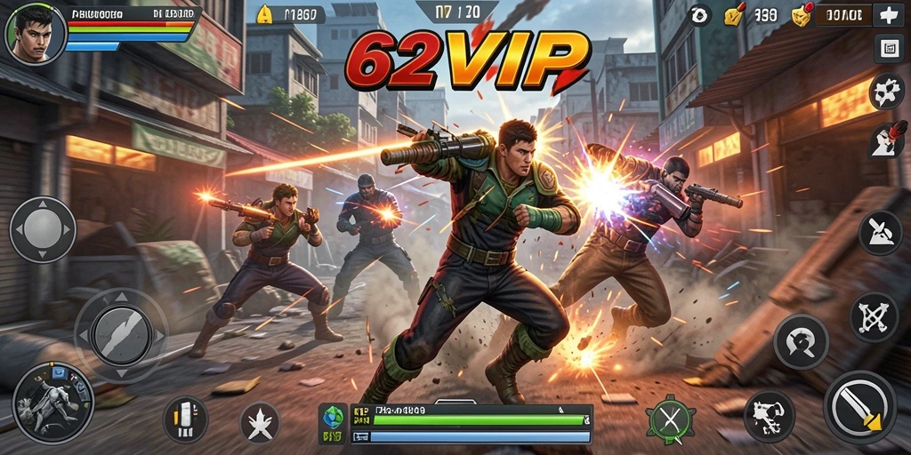 Tampilan gameplay 62VIP dengan pertarungan seru dan karakter unik.