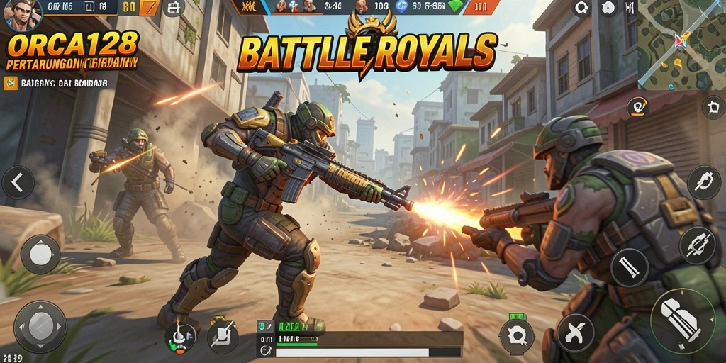 Screenshot gameplay ORCA128 menampilkan aksi seru Battle Royale.