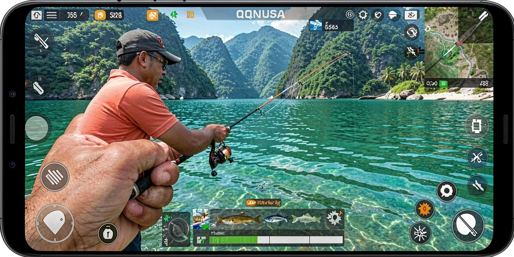 Tampilan gameplay QQNUSA yang menampilkan suasana memancing yang mendebarkan.