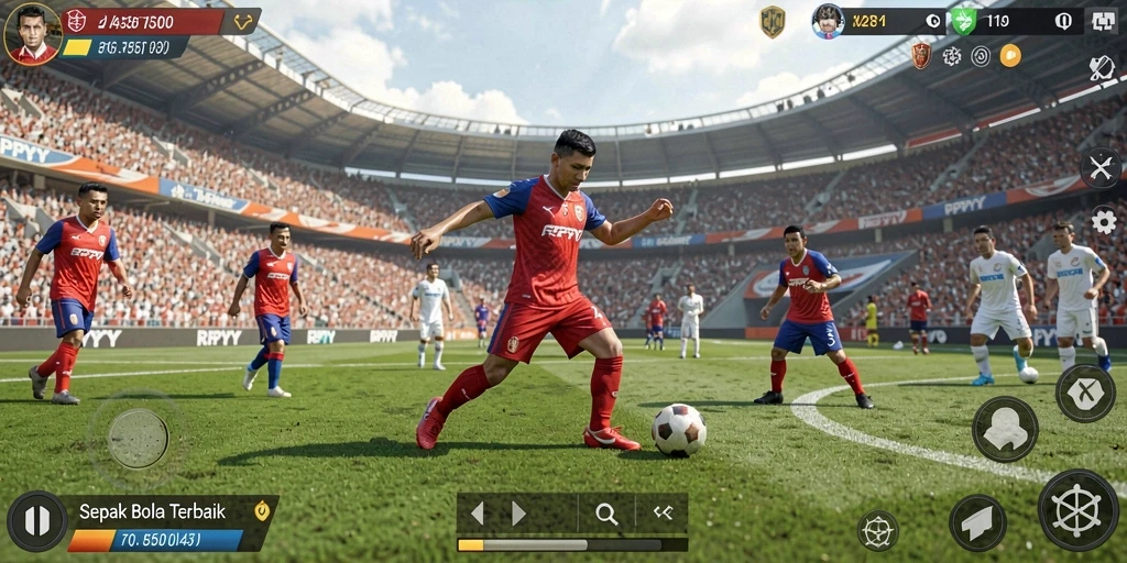 Screenshot utama RPYYY menampilkan aksi seru dalam pertandingan sepak bola.