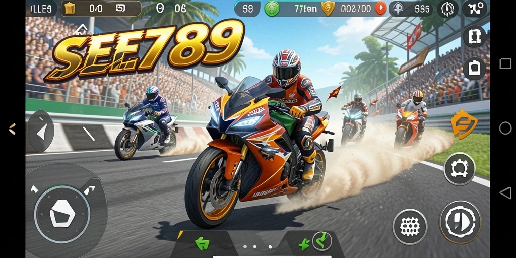 Tampilan gameplay seru dalam SEE789 dengan motor balap yang menantang.