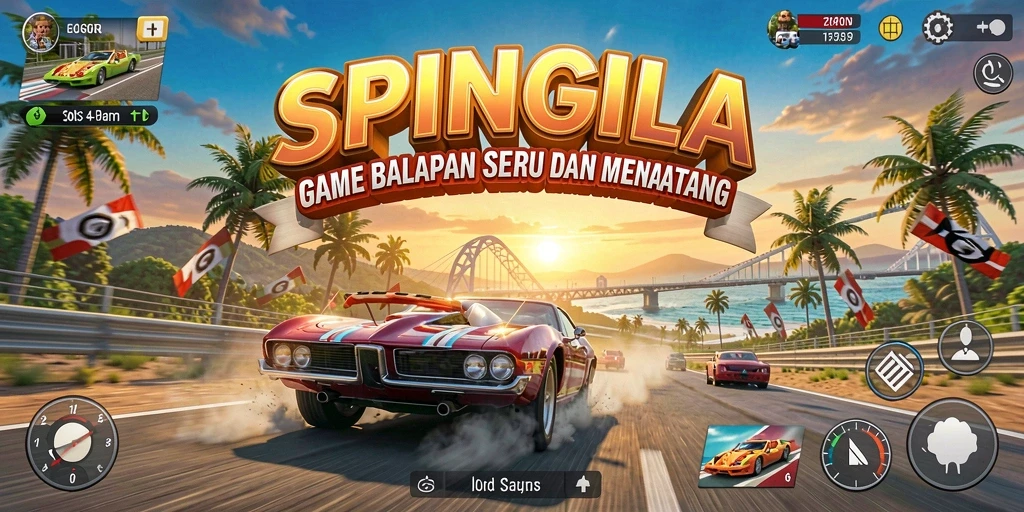 Tangkapan layar gameplay SPINGILA yang menampilkan aksi balapan yang mendebarkan.