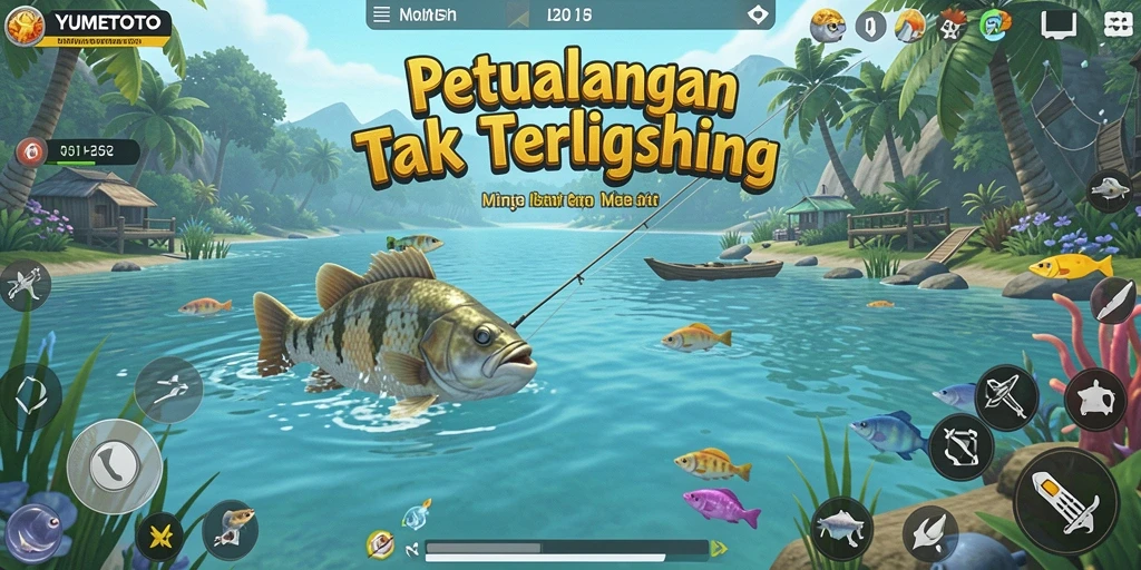 Gameplay menyenangkan memancing di YUMETOTO dengan berbagai lokasi dan ikan.